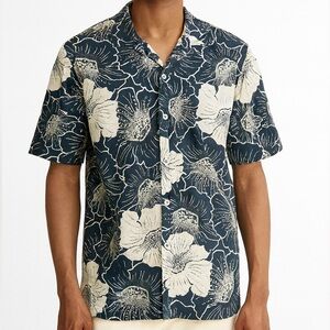 Folk Floral Short Sleeve Linen Blend Button Down